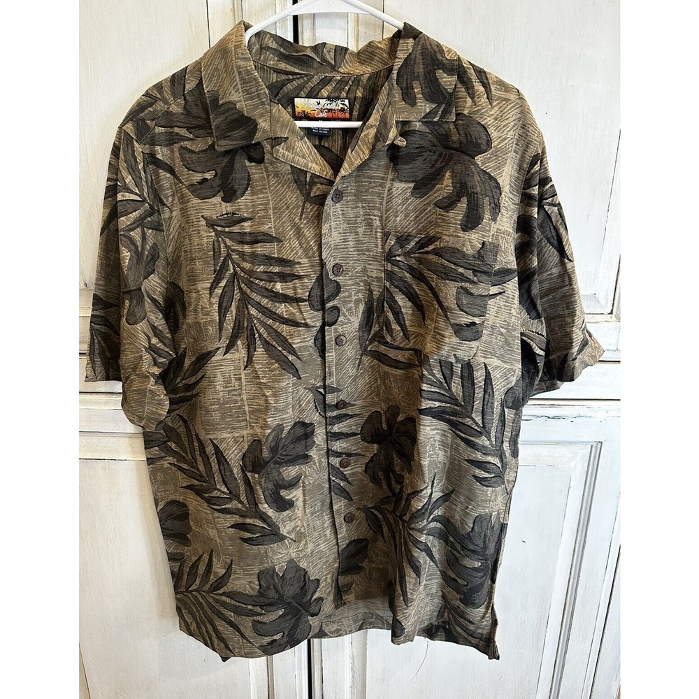 100% Silk Men’s Havana‎ jack’s Cafe Short Sleeve Button Up Shirt Green Medium